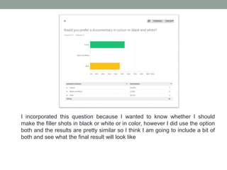 I incorporated this question because I wanted to know whether I should
make the filler shots in black or white or in color, however I did use the option
both and the results are pretty similar so I think I am going to include a bit of
both and see what the final result will look like
 