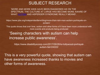 SUBJECT RESEARCH
‘MORE AND MORE KIDS HAVE BEEN DIAGNOSED AS ON THE
SPECTRUM, THE CULTURE AT LARGE HAS BECOME MORE AWARE OF
WHAT AUTISM AND ASPERGER SYNDROME REALLY MEANS’.
https://www.pbs.org/independentlens/blog/more-than-rain-man-autism-portrayals-on-
screen/
This quote shows that over time, autism and other forms of it have been more understood with
more events and products being produced
‘Seeing characters with autism can help
increase public awareness’.
https://www.disabilityscoop.com/2017/09/26/is-hollywood-portrayal-
autism-fair/24222/
This is a very powerful quote, showing that autism can
have awareness increased thanks to movies and
other forms of awareness.
 
