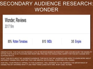 SECONDARY AUDIENCE RESEARCH:
WONDER
OBSERVATION: THIS FILM HAS REVIEWED LOTS OF REVIEWS BASED ON POSITIVITY AND LIVE BECAUSE THE DISABILITY
WITHIN THIS FILM IS SO TOUCHING AND HEART MELTING AND YOU WOULD FEEL SORRY FOR THE BOY AUGGIE WHO
SUFFERS WITH IT.
WHAT THIS SAYS ABOUT MY AUDIENCE:AUDIENCE: THIS SAYS THAT MY AUDIENCE ARE KEEN TO LEARN MORE ABOUT
DIFFERENT DISABILITIES, WHETHER THEY ARE MENTAL OR PHYSICAL , EVERYONE STILL CARES.
HOW WILL YOUR PRODUCT APPEAL TO THIS AUDIENCE: I WILL ADDRESS TO THE AUDIENCE THE IMPORTANCE OF
DISABILITIES BY SHOWING WHAT IT LIKE FIRST HAND LIVING WITH ONE, IN MY CASE: AUTISM.
 