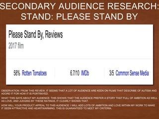 SECONDARY AUDIENCE RESEARCH:
STAND: PLEASE STAND BY
OBSERVATION: FROM THIS REVIEW, IT SEEMS THAT A LOT OF AUDIENCE ARE KEEN ON FILMS THAT DESCRIBE OF AUTISM AND
ADORE IT FOR HOW IT IS PORTRAYED.
WHAT THIS SAYS ABOUT MY AUDIENCE: THIS SHOWS THAT THE AUDIENCE PREFER A STORY THAT FULL OF AMBITION AS WELL
AS LOVE, AND JUDGING BY THESE RATINGS, IT CLEARLY SHOWS THAT.
HOW WILL YOUR PRODUCT APPEAL TO THIS AUDIENCE: I WILL ADD LOTS OF AMBITION AND LOVE WITHIN MY WORK TO MAKE
IT SEEM ATTRACTIVE AND HEARTWARMING. THIS IS GUARANTEED TO MEET MY CRITERIA.
 