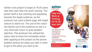 Ashton core project is target at 16-24 years
olds that need help into work/ training. The
poster itself is eye catching and appealing
towards the target audience, as the
producer has used a blank page with bright
colours to stand out. The use of the colour
red stands out to the audience as red is a
very dominate colour to grab people's
attention. The producer has utilised this
colour also to show the immediate action
after applying to this project as the picture
bubbles portray the steps you take in order
to get to the place you want to be.
 