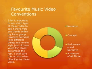 Favourite Music Video
  Conventions
I felt it important
to ask which type
of music video to         Narrative
see if there were
any trends within
my focus group.           Concept
However everyone
liked different
things and no one
style (out of those       Performanc
voted for) stood          e and
out among the             Narrative
rest. I shall bare        A mixture
this in mind when         of all Three
planning my music
video.
 