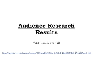 Audience Research 
Results 
Total Respondents - 22 
https://www.surveymonkey.com/analyze/Y7FUu1LgBkxVxNExq_2FTrDnD_2B1CSk9M2YK_2FmN9dFaLmU_3D 
 