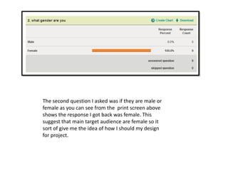 The second question I asked was if they are male or female as you can see from the  print screen above shows the response I got back was female. This suggest that main target audience are female so it sort of give me the idea of how I should my design for project.