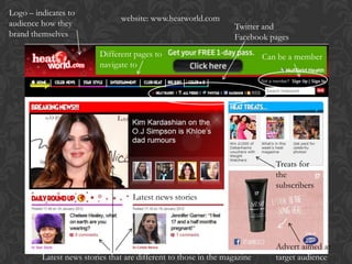 Logo – indicates to
                                website: www.heatworld.com
audience how they                                                 Twitter and
brand themselves                                                  Facebook pages
                          Different pages to                               Can be a member
                          navigate to




                                                                              Treats for
                                                                              the
                                                                              subscribers
                                    Latest news stories




                                                                              Advert aimed at
         Latest news stories that are different to those in the magazine      target audience
 