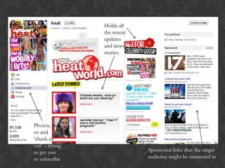 Holds all
                the recent
                updates
                and news
                stories.




Photos, vide
os and
„check us
out‟ – trying
to get you                   Sponsored links that the target
to subscribe                 audience might be interested in
 