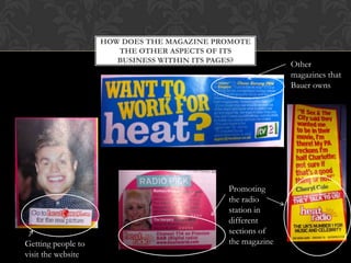 HOW DOES THE MAGAZINE PROMOTE
                       THE OTHER ASPECTS OF ITS
                       BUSINESS WITHIN ITS PAGES?
                                                           Other
                                                           magazines that
                                                           Bauer owns




                                            Promoting
                                            the radio
                                            station in
                                            different
                                            sections of
Getting people to                           the magazine
visit the website
 