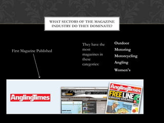 WHAT SECTORS OF THE MAGAZINE
                       INDUSTRY DO THEY DOMINATE?




                                    They have the   Outdoor
First Magazine Published            most            Motoring
                                    magazines in    Motorcycling
                                    these
                                    categories:     Angling
                                                    Women's
 