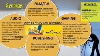 Synergy:Synergy: FILM/T.V
AUDIO
PUBLISHING
GAMING
20th Century Fox Television20th Century Fox Television
Nine comic book series have
been published by Bongo
Comics since 1993.
20th Century Fox, Gracie Films,
and Film Roman produced The
Simpsons Movie, an animated film
that was released on July 27, 2007.
The album The Simpsons
Sing the Blues was released
in September 1990 and was
a success, peaking at #3 on
the Billboard 200and
becoming certified 2×
platinum by the Recording
Industry Association of
America.
Numerous video games based
on the show have been
produced. Some of the early
games include Konami's arcade
game The Simpsons (1991)
and Acclaim
Entertainment's The Simpsons:
Bart vs. the Space
Mutants (1991).
KEY WORDS:
SYNERGY: When
media sectors cross over
to another one to help
strengthen their
products.
 