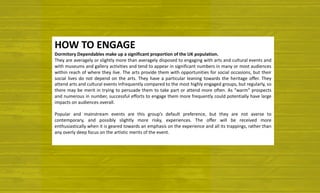 HOW	TO	ENGAGE
Dormitory Dependables make up a significant proportion of the UK population.
They are averagely or slightly more than averagely disposed to engaging with arts and cultural events and
with museums and gallery activities and tend to appear in significant numbers in many or most audiences
within reach of where they live. The arts provide them with opportunities for social occasions, but their
social lives do not depend on the arts. They have a particular leaning towards the heritage offer. They
attend arts and cultural events infrequently compared to the most highly engaged groups, but regularly, so
there may be merit in trying to persuade them to take part or attend more often. As “warm” prospects
and numerous in number, successful efforts to engage them more frequently could potentially have large
impacts on audiences overall.
Popular and mainstream events are this group’s default preference, but they are not averse to
contemporary, and possibly slightly more risky, experiences. The offer will be received more
enthusiastically when it is geared towards an emphasis on the experience and all its trappings, rather than
any overly deep focus on the artistic merits of the event.
 