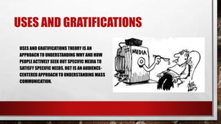 USES AND GRATIFICATIONS
USES AND GRATIFICATIONS THEORY IS AN
APPROACH TO UNDERSTANDING WHY AND HOW
PEOPLE ACTIVELY SEEK OUT SPECIFIC MEDIA TO
SATISFY SPECIFIC NEEDS. UGT IS AN AUDIENCE-
CENTERED APPROACH TO UNDERSTANDING MASS
COMMUNICATION.
 
