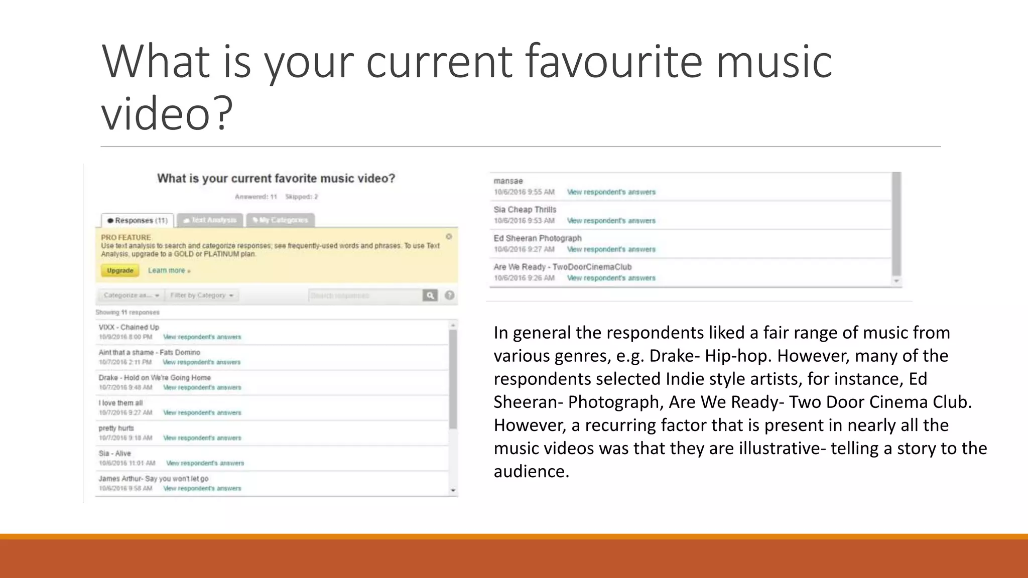 What is your current favourite music
video?
In general the respondents liked a fair range of music from
various genres, e.g. Drake- Hip-hop. However, many of the
respondents selected Indie style artists, for instance, Ed
Sheeran- Photograph, Are We Ready- Two Door Cinema Club.
However, a recurring factor that is present in nearly all the
music videos was that they are illustrative- telling a story to the
audience.
 
