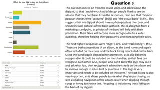 Question 5
This question moves on from the music video and asked about the
digipak, so that I could what kind of design people liked to see on
albums that they purchase. From the responses, I can see that the most
popular choices were “pictures” (60%) and “the actual band” (54%). This
suggests that my digipak should have a photograph as the cover, and
should include pictures of the band within it. This is also good from a
marketing standpoint, as photos of the band will help with their
promotion. Their faces will become more recognisable to a wider
audience, therefore helping their popularity, and increasing their sales.
The next highest responses were “logo” (37%) and “track listing” (35%).
These are both conventions of an album, as the band name and logo is
often included on the cover, and the track listing is included on the back.
Using the band logo is also good for promotion, as it also becomes
recognisable. It could be included on merchandise, so that fans can
recognise each other. Also, people who don’t know the logo may see it
and ask what it is, then recognise it when they see it on the album and
be curious enough to listen to it or purchase it. The logo is very
important and needs to be included on the cover. The track listing is also
very important, as it allows people to see what they’re purchasing, as
well as making navigation of the album easier when skipping through
songs or trying to choose one. I’m going to include my track listing on
the back of my digipak.
 