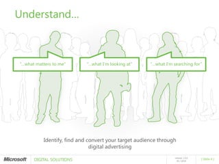 Understand…



“…what matters to me”      “…what I’m looking at”     “…what I’m searching for”




          Identify, find and convert your target audience through
                              digital advertising

      DIGITAL SOLUTIONS
                                                                 release 1.0.0
                                                                                 [ Slide 4 ]
                                                                   05 / 2010
 