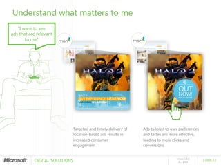 Understand what matters to me
   “I want to see
ads that are relevant
       to me”




                           Targeted and timely delivery of   Ads tailored to user preferences
                           location-based ads results in     and tastes are more effective,
                           increased consumer                leading to more clicks and
                           engagement                        conversions


           DIGITAL SOLUTIONS
                                                                                release 1.0.0
                                                                                                [ Slide 5 ]
                                                                                  05 / 2010
 