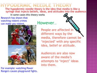 The hypodermic needle theory is the idea that media is like a
   syringe that injects beliefs, ideas, and attitudes into the audience.
        In some cases this theory works
Research has shown that
watching violent crimes
can make you violent.           However….
                                    People are affected in
                                    different ways by the
                                    media, therefore cannot be
                                    ‘injected’ with any specific
                                    idea, belief or attitude.

                                    Audiences are also now
                                    aware of the media’s
                                    attempts to ‘inject’ ideas
                                    into them.
For example: watching Power
Rangers causes playground fights.
 