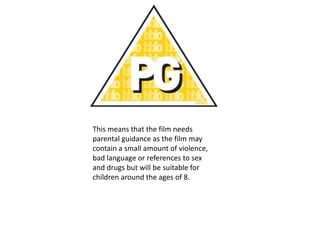 This means that the film needs
parental guidance as the film may
contain a small amount of violence,
bad language or references to sex
and drugs but will be suitable for
children around the ages of 8.

 