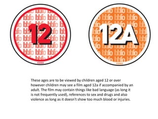 These ages are to be viewed by children aged 12 or over
however children may see a film aged 12a if accompanied by an
adult. The film may contain things like bad language (as long it
is not frequently used), references to sex and drugs and also
violence as long as it doesn't show too much blood or injuries.

 
