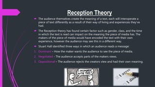 Reception Theory
 The audience themselves create the meaning of a text, each will interoperate a
piece of text differently as a result of their way of living and experiences they’ve
had.
 The Reception theory has found certain factor such as gender, class, and the time
in which the text is read can impact on the meaning the piece of media has. The
makers of the piece of media would have encoded the text with their own
experience, however the audience may see this in a different way.
 Stuart Hall identified three ways in which an audience reads a message:
1. Dominant – How the maker wants the audience to see the piece of media.
2. Negotiated - The audience accepts parts of the makers views.
3. Oppositional – The audience rejects the creators view and had their own meaning.
 