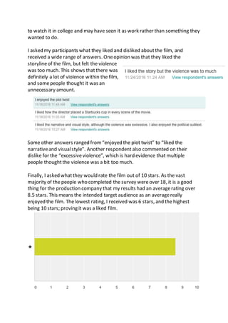 to watch it in college and may have seen it as work rather than something they
wanted to do.
I asked my participants what they liked and disliked aboutthe film, and
received a wide range of answers. Oneopinion was that they liked the
storylineof the film, but felt the violence
was too much. This shows thatthere was
definitely a lot of violence within the film,
and somepeople thought it was an
unnecessary amount.
Some other answers ranged from “enjoyed the plot twist” to “liked the
narrativeand visualstyle”. Another respondentalso commented on their
dislike for the “excessiveviolence”, which is hard evidence that multiple
people thoughtthe violence was a bit too much.
Finally, I asked whatthey would rate the film out of 10 stars. As the vast
majority of the people who completed the survey wereover 18, it is a good
thing for the production company that my results had an averagerating over
8.5 stars. This means the intended target audience as an averagereally
enjoyed the film. The lowest rating, I received was 6 stars, and the highest
being 10 stars; proving it was a liked film.
 