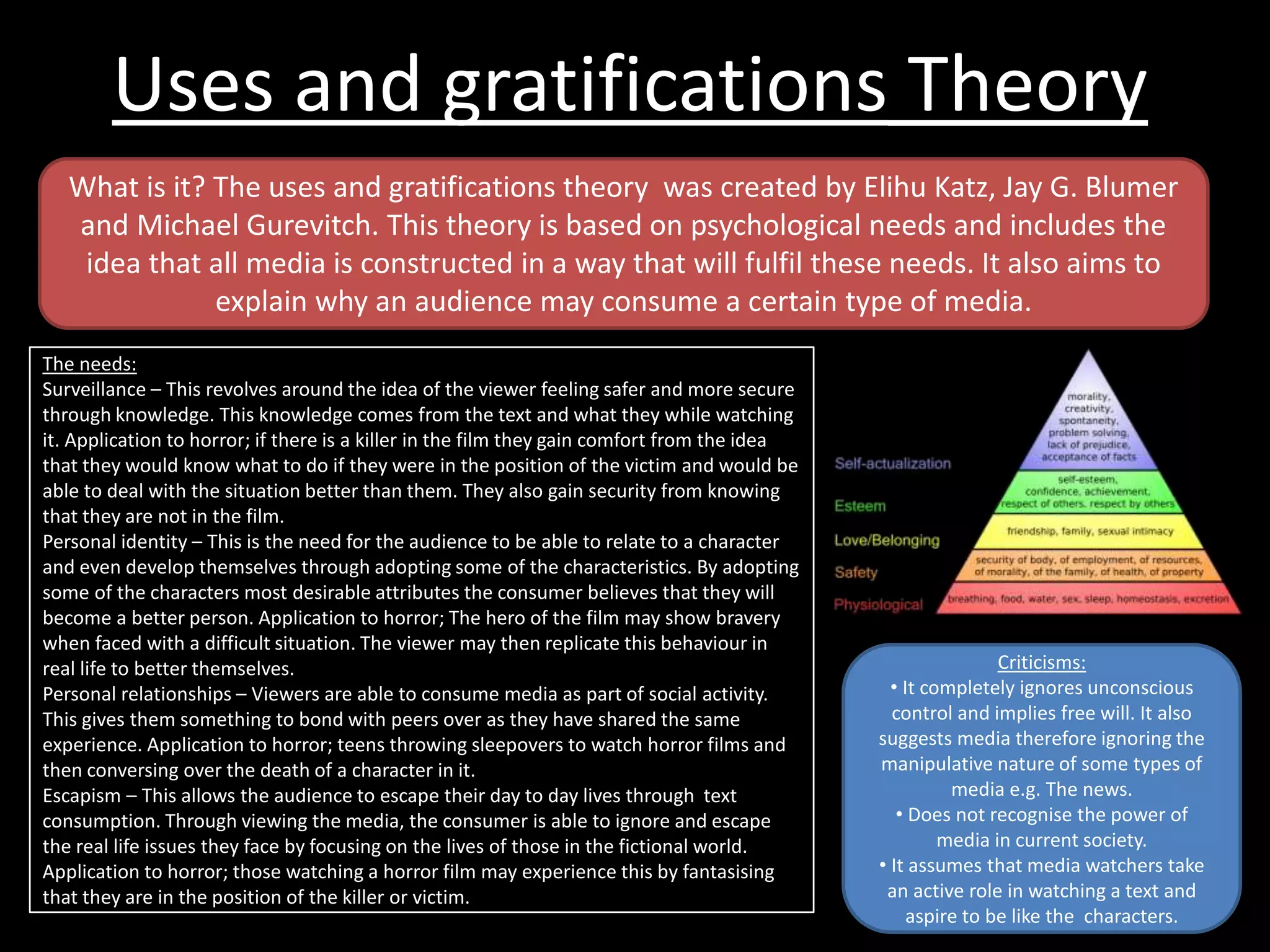 Uses and gratifications Theory
What is it? The uses and gratifications theory was created by Elihu Katz, Jay G. Blumer
and Michael Gurevitch. This theory is based on psychological needs and includes the
idea that all media is constructed in a way that will fulfil these needs. It also aims to
explain why an audience may consume a certain type of media.
The needs:
Surveillance – This revolves around the idea of the viewer feeling safer and more secure
through knowledge. This knowledge comes from the text and what they while watching
it. Application to horror; if there is a killer in the film they gain comfort from the idea
that they would know what to do if they were in the position of the victim and would be
able to deal with the situation better than them. They also gain security from knowing
that they are not in the film.
Personal identity – This is the need for the audience to be able to relate to a character
and even develop themselves through adopting some of the characteristics. By adopting
some of the characters most desirable attributes the consumer believes that they will
become a better person. Application to horror; The hero of the film may show bravery
when faced with a difficult situation. The viewer may then replicate this behaviour in
real life to better themselves.
Personal relationships – Viewers are able to consume media as part of social activity.
This gives them something to bond with peers over as they have shared the same
experience. Application to horror; teens throwing sleepovers to watch horror films and
then conversing over the death of a character in it.
Escapism – This allows the audience to escape their day to day lives through text
consumption. Through viewing the media, the consumer is able to ignore and escape
the real life issues they face by focusing on the lives of those in the fictional world.
Application to horror; those watching a horror film may experience this by fantasising
that they are in the position of the killer or victim.
Criticisms:
• It completely ignores unconscious
control and implies free will. It also
suggests media therefore ignoring the
manipulative nature of some types of
media e.g. The news.
• Does not recognise the power of
media in current society.
• It assumes that media watchers take
an active role in watching a text and
aspire to be like the characters.
 