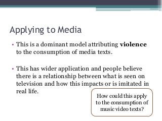 Applying to Media
• This is a dominant model attributing violence
to the consumption of media texts.
• This has wider application and people believe
there is a relationship between what is seen on
television and how this impacts or is imitated in
real life.
How could this apply
to the consumption of
music video texts?
 