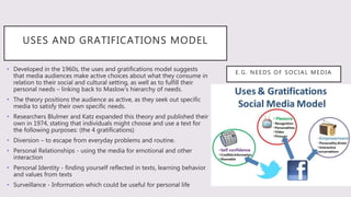 E.G. NEEDS OF SOCIAL MEDIA
• Developed in the 1960s, the uses and gratifications model suggests
that media audiences make active choices about what they consume in
relation to their social and cultural setting, as well as to fulfill their
personal needs – linking back to Maslow’s hierarchy of needs.
• The theory positions the audience as active, as they seek out specific
media to satisfy their own specific needs.
• Researchers Blulmer and Katz expanded this theory and published their
own in 1974, stating that individuals might choose and use a text for
the following purposes: (the 4 gratifications)
• Diversion – to escape from everyday problems and routine.
• Personal Relationships - using the media for emotional and other
interaction
• Personal Identity - finding yourself reflected in texts, learning behavior
and values from texts
• Surveillance - Information which could be useful for personal life
USES AND GRATIFICATIONS MODEL
 