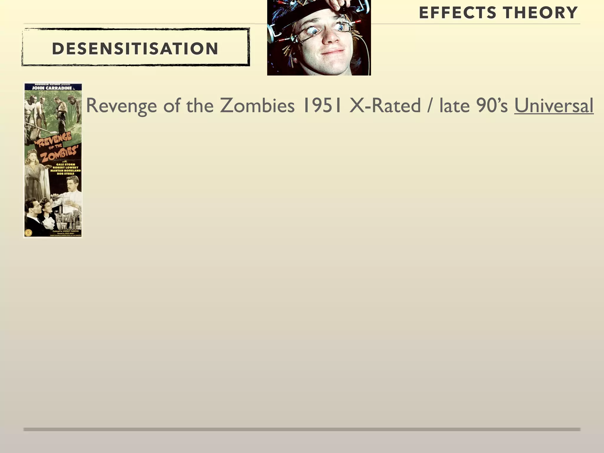 EFFECTS THEORY 
DESENSITISATION 
Revenge of the Zombies 1951 X-Rated / late 90’s Universal 
 