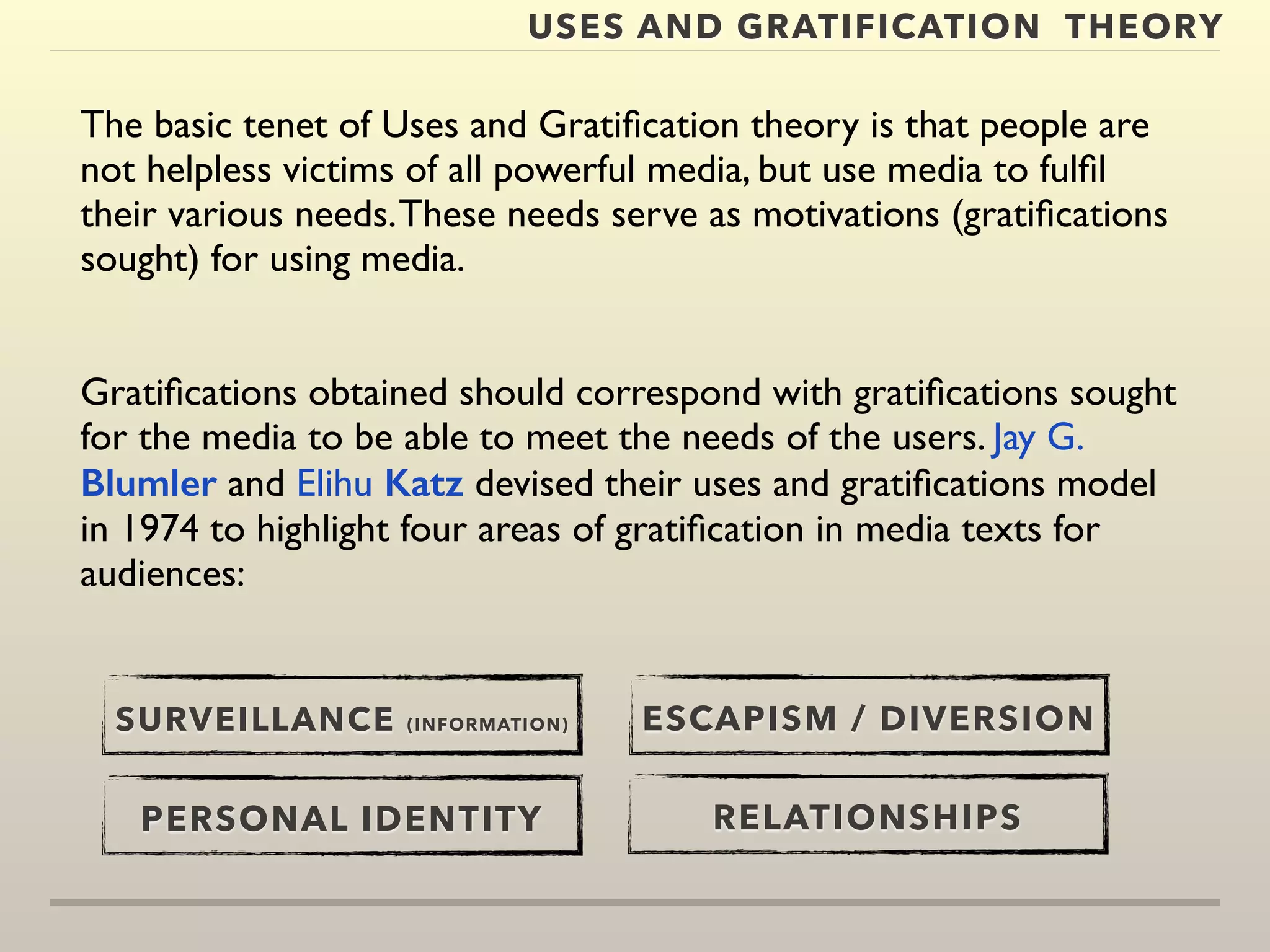 USES AND GRATIFICATION THEORY 
The basic tenet of Uses and Gratification theory is that people are 
not helpless victims of all powerful media, but use media to fulfil 
their various needs. These needs serve as motivations (gratifications 
sought) for using media. 
Gratifications obtained should correspond with gratifications sought 
for the media to be able to meet the needs of the users. Jay G. 
Blumler and Elihu Katz devised their uses and gratifications model 
in 1974 to highlight four areas of gratification in media texts for 
audiences: 
SURVEILLANCE (INFORMATION) 
PERSONAL IDENTITY 
ESCAPISM / DIVERSION 
RELATIONSHIPS 
 