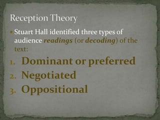  Stuart Hall identified three types of
audience readings (or decoding) of the
text:
1. Dominant or preferred
2. Negotiated
3. Oppositional
 
