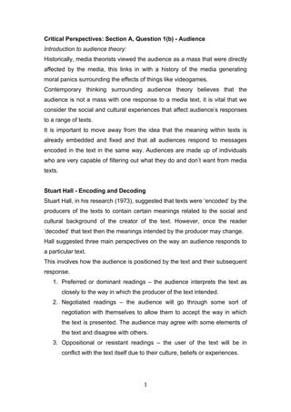 Critical Perspectives: Section A, Question 1(b) - Audience
Introduction to audience theory:
Historically, media theorists ...