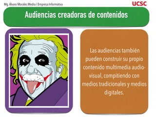 Las audiencias también
pueden construir su propio
contenido multimedia audio-
visual, compitiendo con
medios tradicionales y medios
digitales.
Audiencias creadoras de contenidos
Mg.Álvaro Morales Media / Empresa Informativa
 