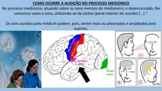 COMO OCORRE A AUDIÇÃO NO PROCESSO MEDIÚNICO
No processo mediúnico, atuando sobre os raios mentais do medianeiro, o desencarnado, lhe
comunica vozes e sons, utilizando-se da cóclea (parte interior do ouvido) (...) “.
Os sons ouvidos pelo médium podem, pois, serem reais ou plasmados e projetados pelo
espírito.
 