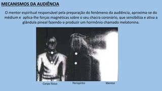 MECANISMOS DA AUDIÊNCIA
O mentor espiritual responsável pela preparação do fenômeno da audiência, aproxima-se do
médium e aplica-lhe forças magnéticas sobre o seu chacra coronário, que sensibiliza e ativa a
glândula pineal fazendo-a produzir um hormônio chamado melatonina.
Corpo físico Perispírito Mentor
 