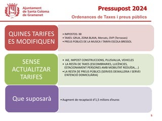Pressupost 2024
Ordenances de Taxes i preus públics
5
• IMPOSTOS: IBI
• TAXES: GRUA, ZONA BLAVA, Mercats, OVP (Terrasses)
• PREUS PÚBLICS DE LA MUSICA I TARIFA ESCOLA BRESSOL
QUINES TARIFES
ES MODIFIQUEN
• IAE, IMPOST CONSTRUCCIONS, PLUSVALUA, VEHICLES
• LA RESTA DE TAXES (ESCOMBRARIES, LLICÈNCIES,
ESTACIONAMENT PERSONES AMB MOBILITAT REDUÍDA,...)
•LA RESTA DE PREUS PÚBLICS (SERVEIS DEIXALLERIA I SERVEI
D’ATENCIÓ DOMICILIÀRIA)
SENSE
ACTUALITZAR
TARIFES
•Augment de recaptació d’1,5 milions d’euros
Que suposarà
 