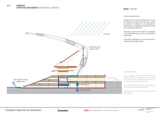 3.3        MANAUS
            ASPECTOS ECOLÓGICOS ECOLOGICAL ASPECTS
                                                                                                                                           ÁGUA WATER


                                                                                                                                           Coleta da água da chuva

                                                                                                                                           A água da chuva é conduzida através de um dreno
                                                                                                                                           de telhado com sistema de sifão para as salas
                                                                                                                                           de controle, é recolhida em um reservatório e
                                                                                                                                           fornecida para a irrigação do gramado, bem como
                                                                                                                                           para a descarga de banheiros.

                                                                                                                                           Além disso, água do lencol freatico, é usada para
                                                                                                                rain water                 o pré-resfriamento do ar externo e é recolhida no
                                                                                                                                           reservatório.

                                                                                                                                           Isto significa resultados em um alívio do forneci-
                                                                                                                                           mento público de água potável.


                                                                                      roof drainage with
                                                                                       siphonic system




                                                                                                                                           Rainwater collection

                                                   water for                                                                               The rain water is led via a roof drainage with
                                                 toilet flushing                                                                           siphon system into the control rooms, is collected
       pitch irrigation without                                                                                                            in a reservoir and is provided for the irrigation of
            potable water                                                                                                                  the grass as well as for the toilet flush.
                                                     rain water tank   air handling unit
                                                                                                                                           The water soil level is used to pre-cool the external
                                                                                                                                           air. It is colected in a external container.
                                                                       cold ground water
                                                                                                                                           This means results in a relief of the public drinking
                                                                                                                                           water supply.




Complexo Esportivo do Amazonass                                                gmp         International GmbH - architects and engineers
 