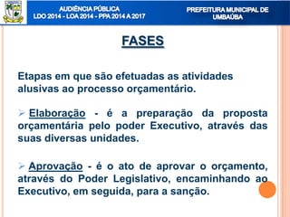 FASES
Etapas em que são efetuadas as atividades
alusivas ao processo orçamentário.
 Elaboração - é a preparação da proposta
orçamentária pelo poder Executivo, através das
suas diversas unidades.
 Aprovação - é o ato de aprovar o orçamento,
através do Poder Legislativo, encaminhando ao
Executivo, em seguida, para a sanção.
 