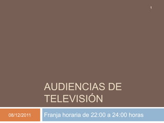 1




             AUDIENCIAS DE
             TELEVISIÓN
08/12/2011   Franja horaria de 22:00 a 24:00 horas
 