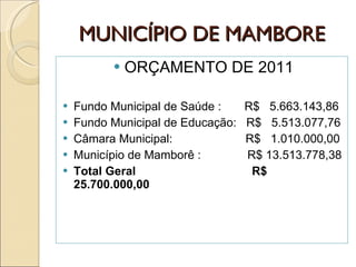 MUNICÍPIO DE MAMBORE ORÇAMENTO DE 2011 Fundo Municipal de Saúde :  R$  5.663.143,86 Fundo Municipal de Educação:  R$  5.513.077,76 Câmara Municipal:  R$  1.010.000,00 Município de Mamborê :  R$ 13.513.778,38 Total Geral  R$ 25.700.000,00 
