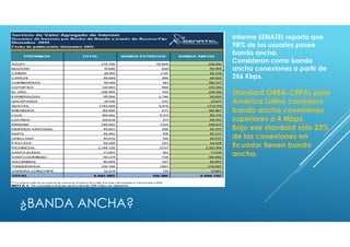 ¿BANDA ANCHA?
Informe SENATEL reporta que
98% de los usuarios posee
banda ancha.
Consideran como banda
ancha conexiones a partir de
256 Kbps.
Standard ORBA-CEPAL para
América Latina considera
banda ancha conexiones
superiores a 4 Mbps.
Bajo ese standard sólo 23%
de las conexiones en
Ecuador tienen banda
ancha.
 