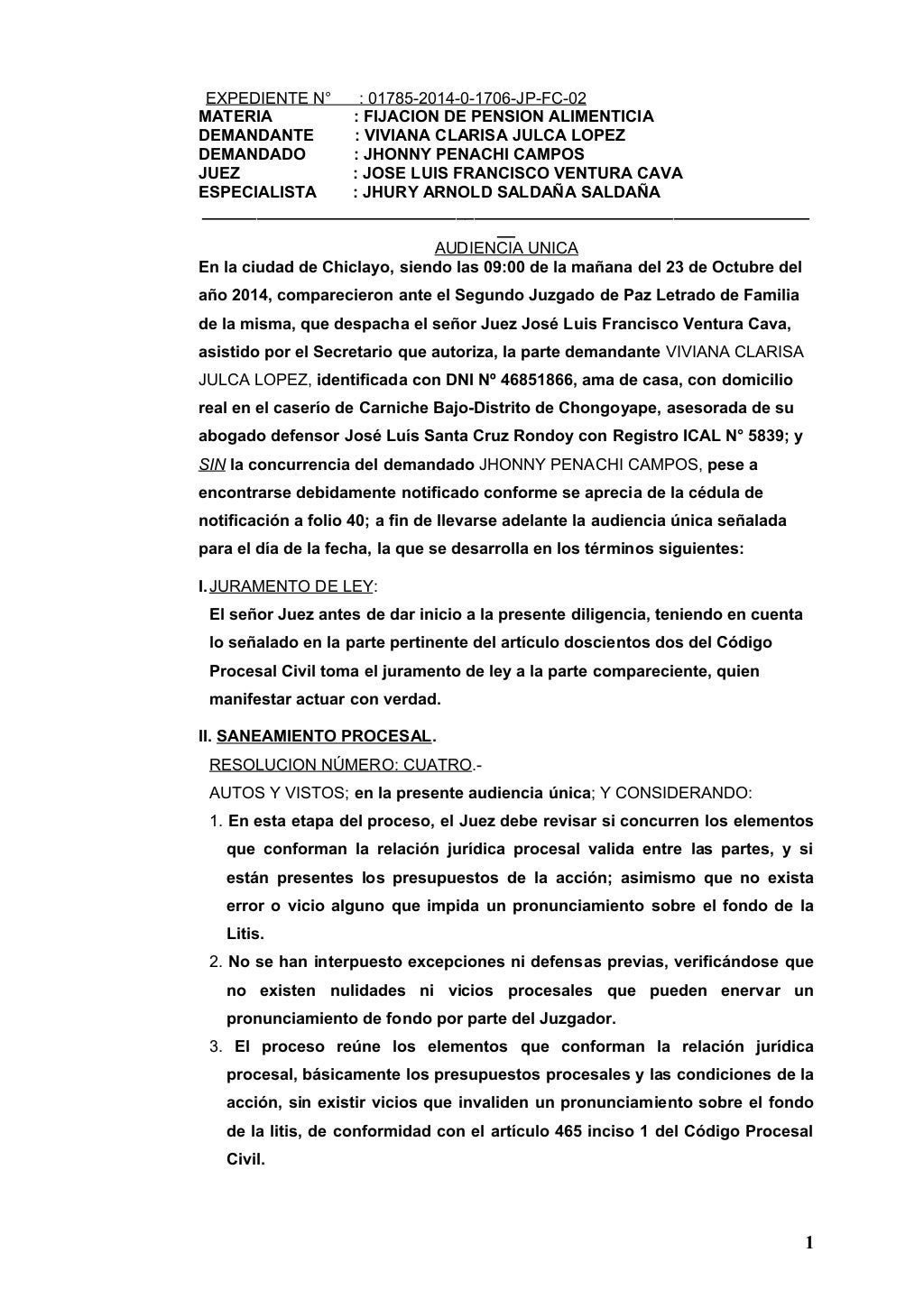 Audiencia y sentencia juicio de alimentos