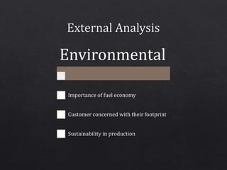Environmental
Importance of fuel economy
Customer concerned with their footprint
Sustainability in production
 