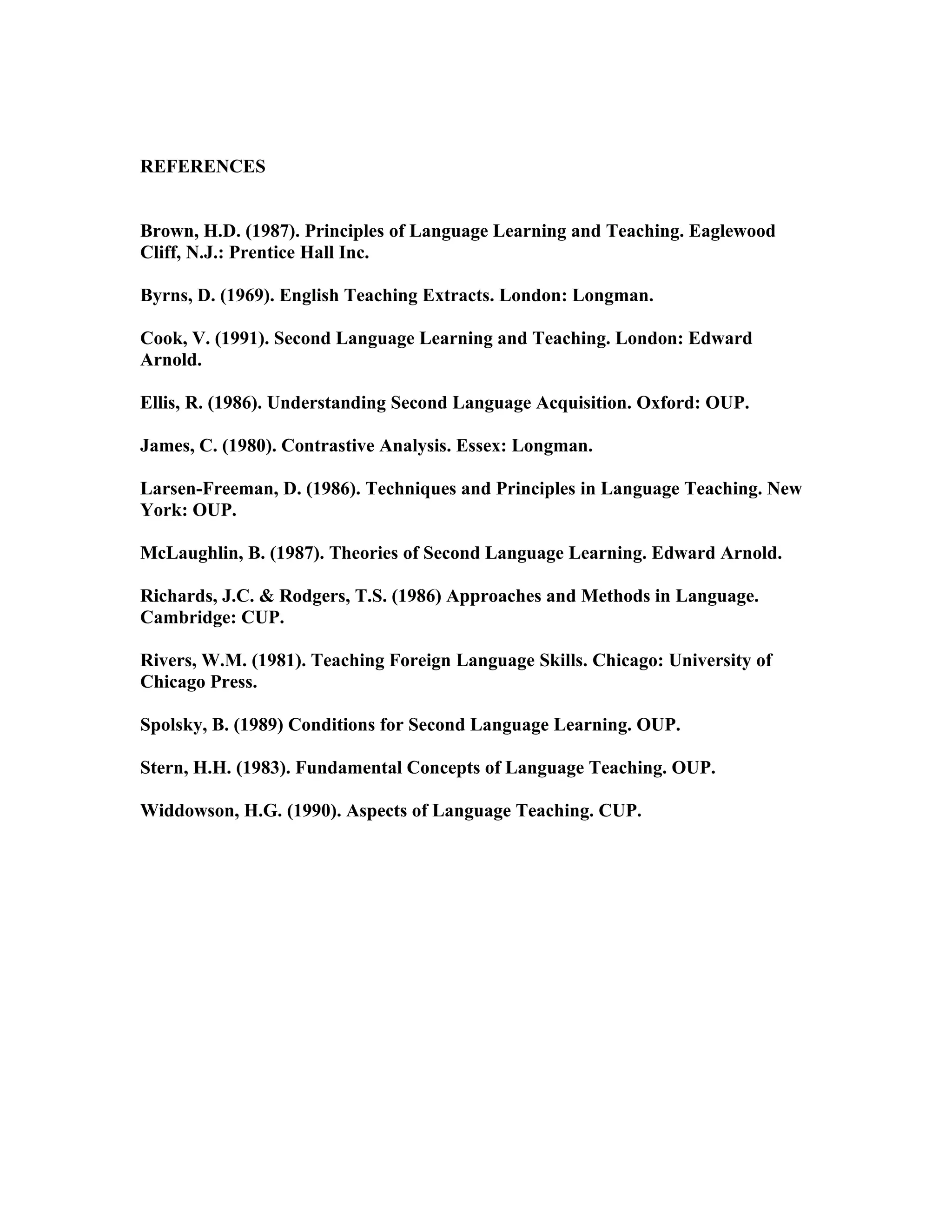 REFERENCES


Brown, H.D. (1987). Principles of Language Learning and Teaching. Eaglewood
Cliff, N.J.: Prentice Hall Inc.

Byrns, D. (1969). English Teaching Extracts. London: Longman.

Cook, V. (1991). Second Language Learning and Teaching. London: Edward
Arnold.

Ellis, R. (1986). Understanding Second Language Acquisition. Oxford: OUP.

James, C. (1980). Contrastive Analysis. Essex: Longman.

Larsen-Freeman, D. (1986). Techniques and Principles in Language Teaching. New
York: OUP.

McLaughlin, B. (1987). Theories of Second Language Learning. Edward Arnold.

Richards, J.C. & Rodgers, T.S. (1986) Approaches and Methods in Language.
Cambridge: CUP.

Rivers, W.M. (1981). Teaching Foreign Language Skills. Chicago: University of
Chicago Press.

Spolsky, B. (1989) Conditions for Second Language Learning. OUP.

Stern, H.H. (1983). Fundamental Concepts of Language Teaching. OUP.

Widdowson, H.G. (1990). Aspects of Language Teaching. CUP.
 