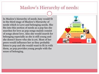 Maslow’s Hierarchy of needs:
In Maslow’s hierarchy of needs Amy would fit
in the third stage of Maslow’s Hierarchy of
needs which is Love and belonging needs. She
fits into this section of needs as a pop fan she
searches for love as pop songs mainly consist
of songs about love. Also she would search for
belonging especially as she is still young and
she doesn’t know who she is yet. Most of her
peers would influence her as they probably
listen to pop and she would want to fit in with
them, as pop provides young people with the
sense of belonging.