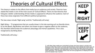Theories of Cultural Effect
This theory is relates to the effects that media has on audiences and society. Theorists have
stated that media is one of the main causes of ‘Cultural Effects’. There are two theories that
help give a better understanding of how media is supposed to influence the audience. Each of
these two views originates from different political perspectives.
The two views include ‘Right wing’ and the ‘Traditionally Left wing’.
Right Wing – TV programmes that are usually shown in the late evening such as Geordie shore,
Ex on the Beach, Big Brother and others are known to give a negative effect on the audience,
this therefore deteriorates the audiences phycology and mental capabilities. This is also
recognised as dumbing down.
Traditionally Left wing –
 