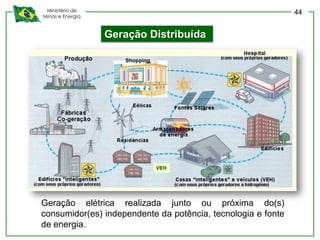 Ministério de
Minas e Energia
Geração elétrica realizada junto ou próxima do(s)
consumidor(es) independente da potência, tecnologia e fonte
de energia.
Geração Distribuída
Shopping
44
 