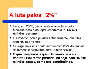 A luta pelos “2%”
 Hoje, em 2013, o montante arrecadado pelo
funcionalismo é de, aproximadamente, R$ 600
milhões por ano.
 O Governo, como já visto anteriormente, contribui
com R$ 100 milhões.
 Ou seja: hoje nós contribuímos com 85% do custeio
do Iamspe e o governo 15% (dados oficiais).
 O que desejamos é que o Governo passe a
contribuir de forma paritária, ou seja, com R$ 600
milhões anuais, como nós contribuímos.
 