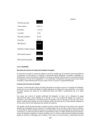  
                                                                                                                 




                                                                                          4,868.42

    Total base gravada           9,736.84

    Límite inferior              8,601.51

    Excedente                    1,135.33

    % de ISR                     17.92

    ISR sobre excedente          203.45

    Cuota fija                   786.55

    ISR Mensual                  990.00


    Subsidio al empleo mensual   -


    ISR retenido mensual         990.00


    ISR retenido del periodo     495.00



3.12.3 DESPIDO.

Rescisión del contrato de trabajo del trabajador (despido).

La decisión de rescindir el contrato de trabajo es una de las medidas que en la práctica causa más problemas
al empresario, no sólo porque si el despido es injustificado puede obligársele a reinstalar al trabajador o a
indemnizarlo, a elección del propio trabajador, sino porque un despido arbitrario provoca una natural reacción
de inquietud en el resto de los trabajadores. Y si es justificado, el empresario tiene que conocer cómo fundar
el despido y el procedimiento para llevarlo a cabo a fin de no incurrir en responsabilidad legal.

Causales más frecuentes de despido.

Concepto: La Rescisión del contrato de trabajo decretada por el patrón consiste en el despido del trabajador,
porque éste con su conducta ha dejado de cumplir algunas de sus obligaciones más importantes, o ha violado
las reglas naturales que surgen de sus obligaciones dentro del trabajo o prohibiciones que se le hayan
impuesto.

Las causas que motivan el despido justificado del trabajador, es decir, sin la obligación de pagar
indemnización alguna, están señaladas en el Artículo 47 de la Ley Federal del Trabajo, que contiene 14
fracciones y, por consiguiente, 14 posibles motivos de despido. Como la fracción XV dice que otras causas
iguales, también graves, pueden ser causa de despido, quiere esto decir que las 14 primeramente señaladas no
son las únicas sino las más importantes que suceden en la práctica.

Por ejemplo, una de las más frecuentes es aquélla a la que se refiere la fracción X, que señala como causal de
despido que el trabajador deje de concurrir a su trabajo durante más de tres días, es decir cuatro en adelante,
en un periodo de 30 días contados de la primera a la última falta, sin que necesariamente las inasistencias sean
consecutivas. Las faltas de asistencia deben ser injustificadas es decir, sin haber obtenido permiso del patrón y
sin que el trabajador compruebe, al regreso al trabajo, que tuvo motivos suficientemente fundados para haber
dejado de concurrir al desempeño de sus labores. Esta causal es la más frecuente y relativamente fácil de
                                                      117 

 
 