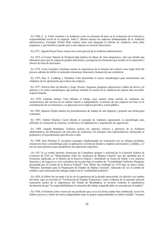  
                                                                                                               




 -En 1968, C. A. Clark visualiza a la Auditoria como un elemento de peso en la evaluación de la función y
responsabilidad social de la empresa. John C. Burton destaca los aspectos fundamentales de la Auditoria
administrativa. Fernando Vilchis Plata explica cómo está integrado el informe de Auditoria, cómo debe
prepararse y que beneficios puede traer a una empresa su correcta observancia.

    -En 1971, Agustín Reyes Ponce ofrece una visión general de la Auditoria administrativa.

 -En 1972, el Centro Natural de Productividad elabora las Bases de Auto diagnóstico, obra que brinda una
alternativa para que las empresas puedan determinar y jerarquizar los elementos que inciden en su operación a
efectos de toma de decisiones.

 -En 1974, César González Alcántara retoma la importancia de la función del control como etapa final del
proceso además de definir el contenido estructural, funcional y humano de una contraloría.

-En 1975, Roy A. Lindberg y Theodore Cohn desarrollan el marco metodológico para instrumentar una
Auditoria de las operaciones que realiza una empresa.

 -En 1977, Patricia Diez de Bonilla y Jorge Álvarez Anguiano proponen aplicaciones viables de llevar a la
práctica y un marco metodológico que permite entender la esencia de la Auditoria de manera más accesible,
respectivamente.

 -En 1978, Ladislao Solares Vera difunde el trabajo cuya síntesis reúne normas de Auditoria, las
características del servicio de un auditor interno e independiente, el alcance de una empresa con base en la
consideración de sus funciones y su aplicación en la empresa privada y sector público.

 -En 1983, Spencer Hyden analiza los procedimientos de trabajo de una empresa y propone una forma para
evaluarlos.

 -En 1987, Gabriel Sánchez Curiel aborda el concepto de Auditoria operacional, la metodología para
utilizarla, la evaluación de sistemas, el informe y la implantación y seguimiento de sugerencias.

 -En 1989, Joaquín Rodríguez Valencia analiza los aspectos teóricos y prácticos de la Auditoria
administrativa, las diferencias con otra clase de Auditorias, los enfoques más representativos, incluyendo su
propuesta y el procedimiento para llevarla a cabo.

 -En 1994, Jack Fleitman S. incorpora conceptos fundamentales de evaluación con un enfoque profundo;
muestra las fases y metodología para su aplicación, la forma de diseñar y emplear cuestionarios y cédulas, y el
uso de casos prácticos para ejemplificar una aplicación específica.

- En 1917 el ya creado Instituto Americano de Contadores preparó a solicitud de la Comisión Federal de
Comercio de USA un "Memorándum sobre las Auditorias de Balance General" que fue aprobado por la
Comisión, publicado en el Boletín de la Reserva Federal y distribuido en forma de folleto a los intereses
bancarios y de negocios y a los contadores de ese país bajo el nombre de: "Contabilidad Uniforme, Propuesta
presentada por el Comité de la Reserva Federal". Este folleto fue reeditado en 1918 bajo un nuevo título,
"Métodos Aprobados para la Preparación de Estados de Balance General", indicando tal vez el cambio de
nombre a una realización del enfoque utópico de la "contabilidad uniforme".

- En 1929, el folleto fue revisado a la luz de la experiencia de la década transcurrida. En adición a un cambio
del título, (que se convirtió en "Verificación de Estados Financieros" como evidencia de la creciente toma de
conciencia acerca de la importancia del Estado de Resultados), la revisión contenía la significativa
declaración de que "la responsabilidad por la extensión del trabajo requerido debe ser asumida por el auditor".

- En 1936, el Instituto como vocero de una profesión que ya en esa fecha estaba bien establecida, revisó los
folletos previos y emitió de forma independiente bajo su propia responsabilidad un folleto titulado: "Examen


                                                        13 

 
 