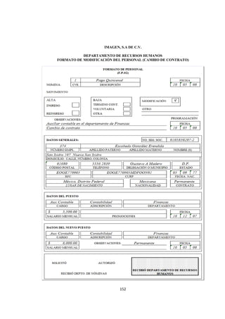 
                                                                 




                        IMAGEN, S.A DE C.V.

               DEPARTAMENTO DE RECURSOS HUMANOS
    FORMATO DE MODIFICACIÓN DEL PERSONAL (CAMBIO DE CONTRATO)




                               152 

 
 